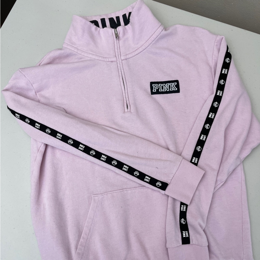 Pink athletic 3/4 zip up sweatshirt lavender black and white sleeve detail small